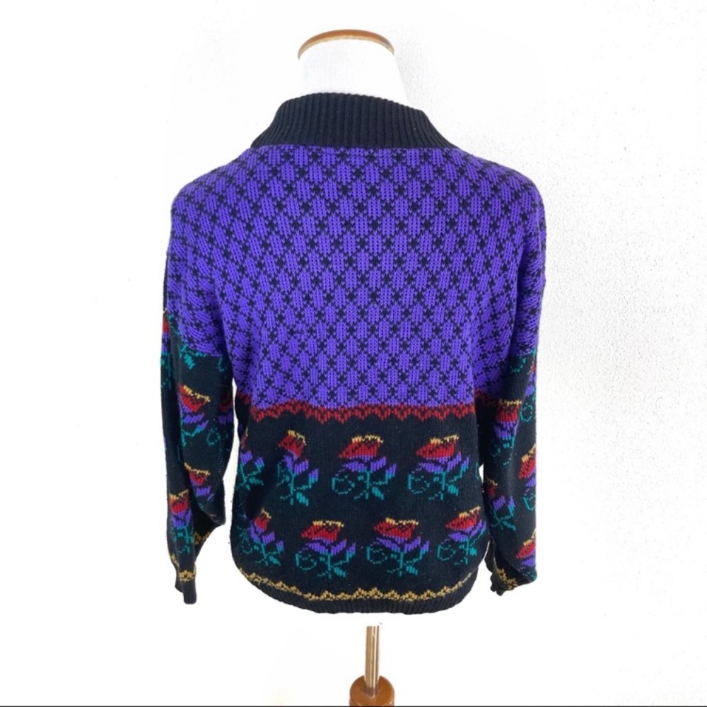 Vintage 80s Arielle Rose Floral Knit Sweater‎ Black Purple Women’s Sz Medium - Picture 2 of 4